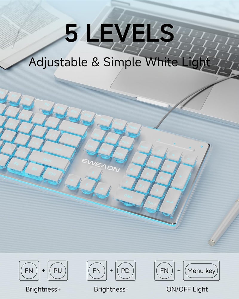 SEUNKWANG GX710S Backlit Computer Keyboards, Wired USB Keyboard with Blue Backlit, Metal Panel, Plug and Play, Pudding Keycaps Full Size Quite Computer Keyboard for Win/PC/Laptop-White - Image 5